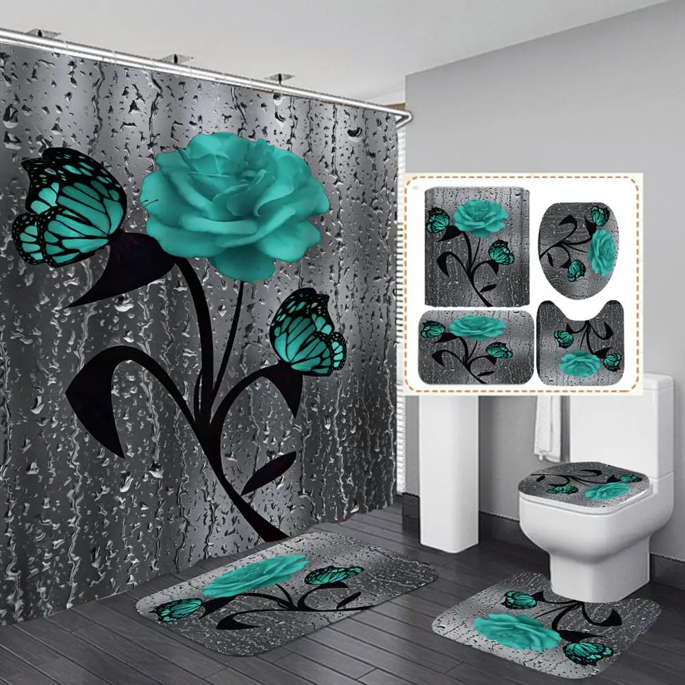 

4pcs Rose Pattern Shower Curtain Waterproof Shower Curtain Geometric Bath Screen Printed Curtain Bathroom For Navidad Gifts