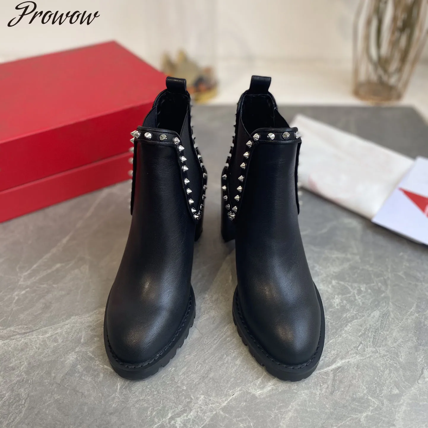 

Prowow Rivet Decor Chelsea Boots Round Toe High Heels Elegant Black Ankle Boots Genuine Leather Short Boots 2021Women Shoes