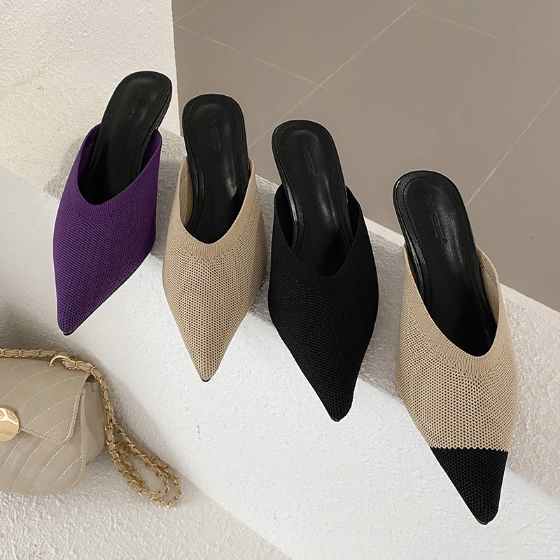 Мюли женские с острым носком эластичные вязаные шлепанцы без застежки на тонком