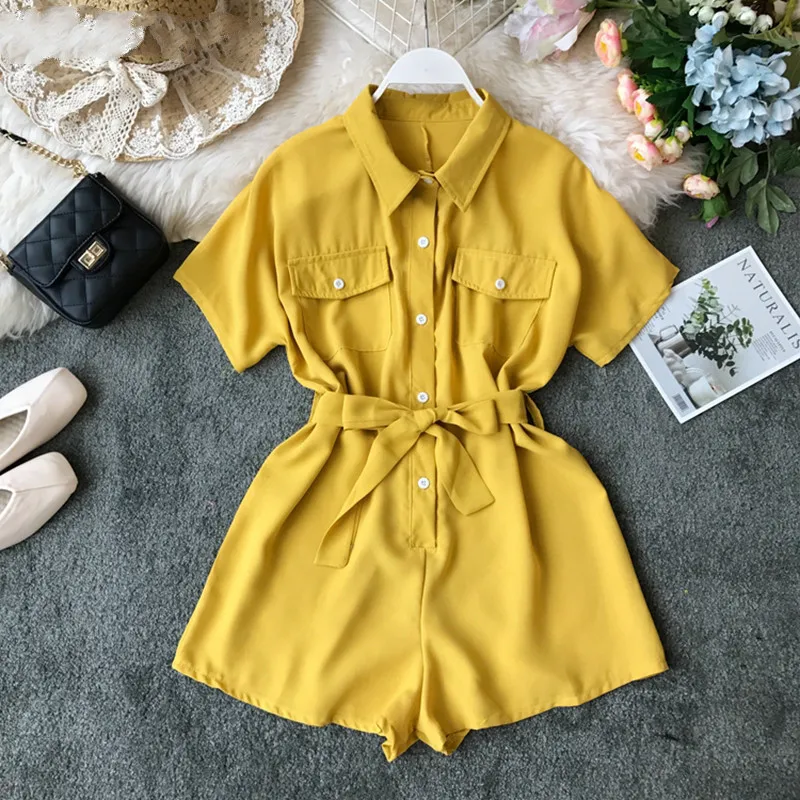 Короткие женские комбинезоны корейский отложной воротник офисный желтый черный