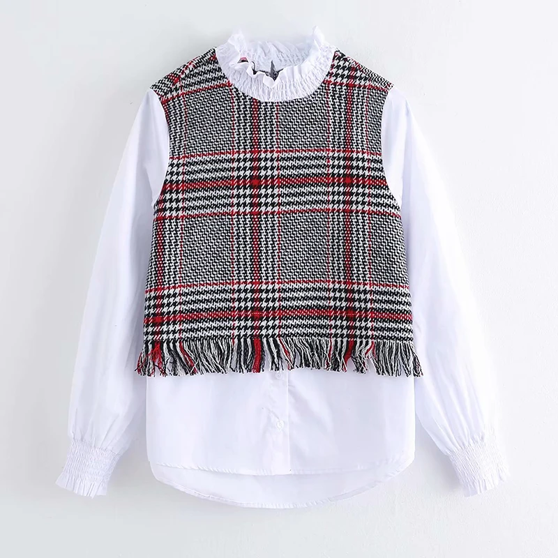 Женская рубашка 2019 za Лоскутная с клетчатым принтом элегантная плиссированная