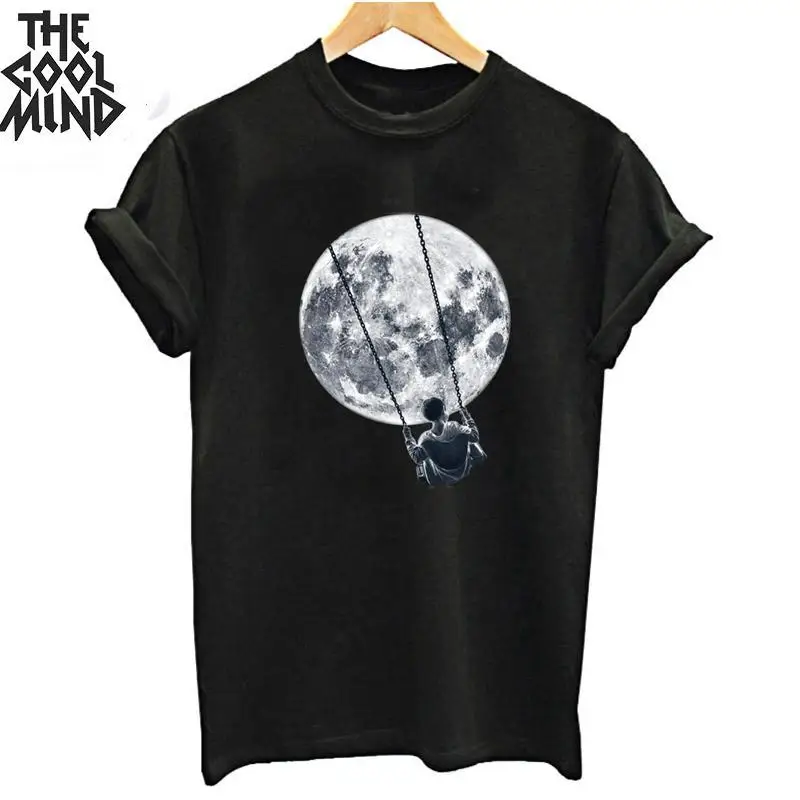 MO0155ZCM-BLK COOLMIND, чистый хлопок, короткий рукав, крутая луна, принт, женская футболка, повседневная, свободная, летняя, женская футболка, крутая, Круглый ворот, футболка, женские футболки - Цвет: MO0155ZCM-BLK