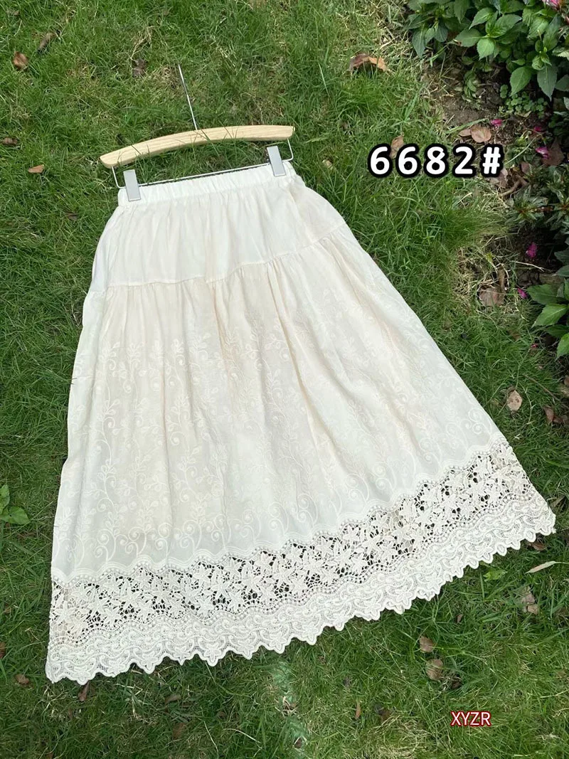 

Skirt Mori Sweet Elastic High-Waisted Cotton Skirt Solid Color Female Mid-Length Hollow Lace A-Line Skirt 6682