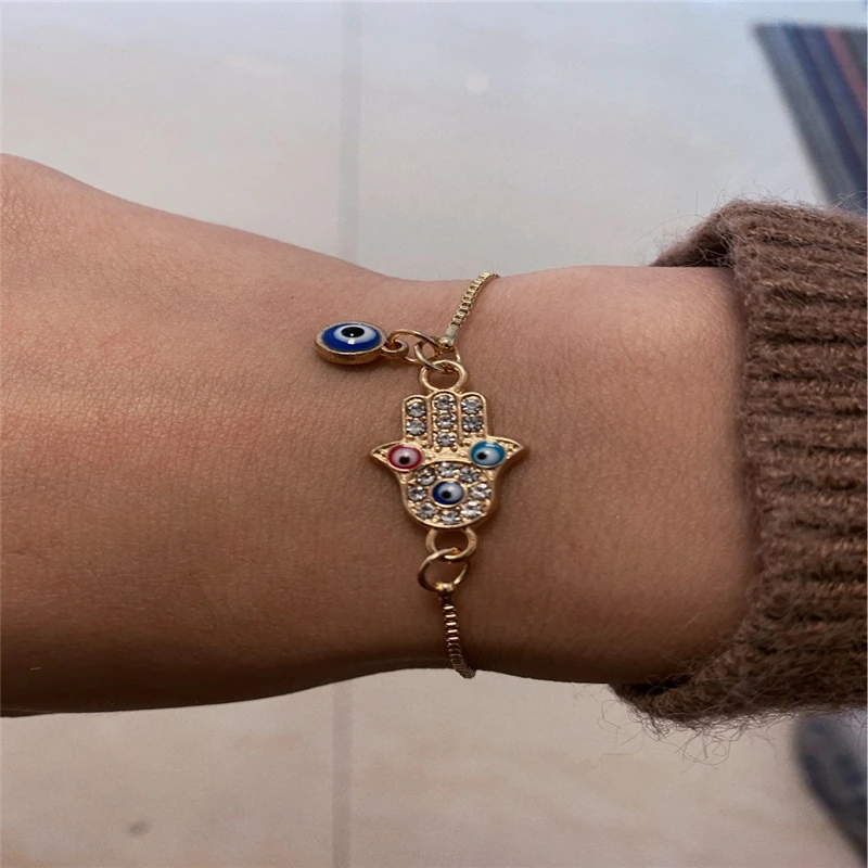 Модные браслеты на удачу с синей ладонью триколор сглаза золотые цепочки ручной