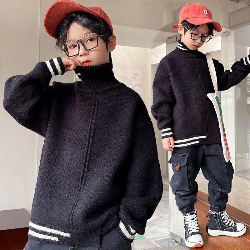 

Fashion Thicken Knitted Pullover Baby Big Boys High Collar Loose Sweaters Clothing Kids Cotton Spring 2022 Tops Children Clothes