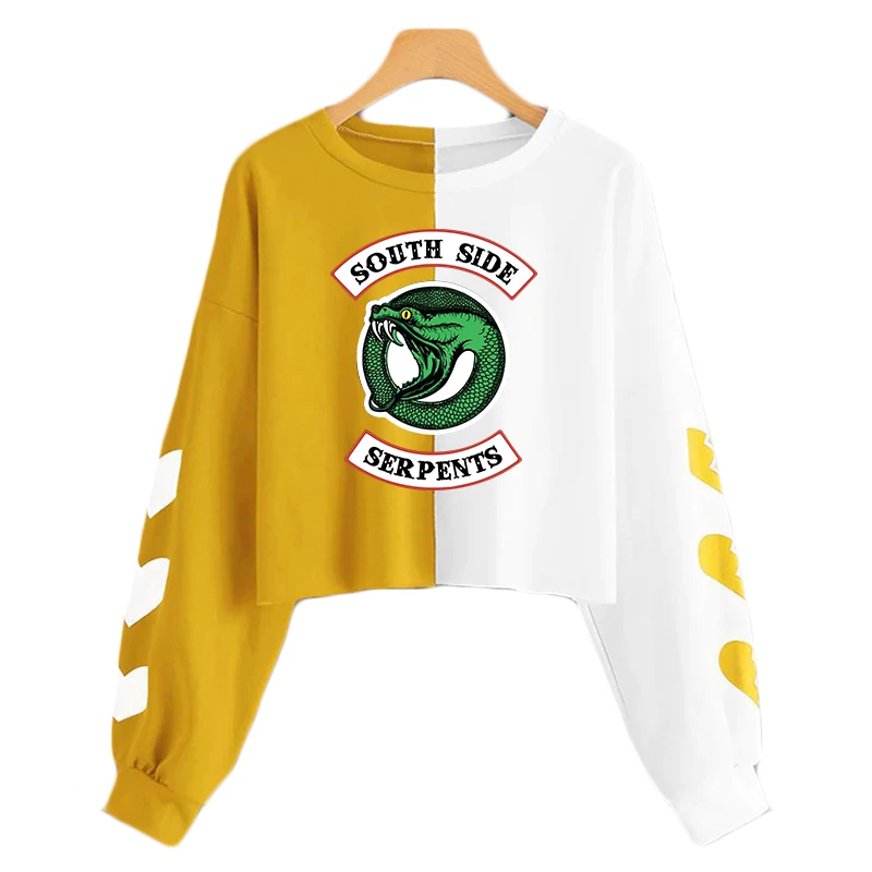

New Fashion Harajuku Patchwork Kpop Streetwear Riverdale South Side Serpents Hoodie Sweatshirt Women Heart Color Block Crop Tops