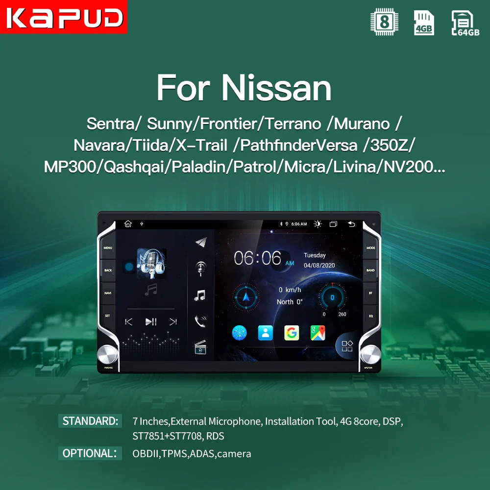 

Kapud Android 10.0 AutoRadio 7 inch 2Din Universal GPS Multimedia Unit Player For Nissan Size 178mm*100mm