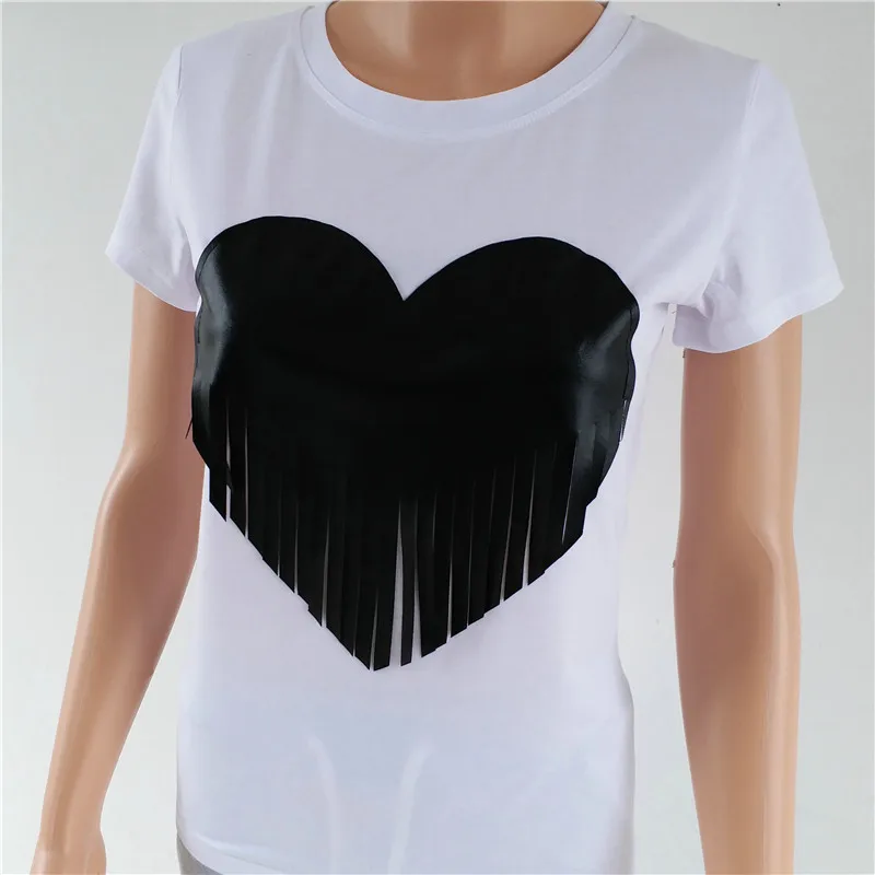

European and American summer heart-shaped tassel short sleeve T-shirt for women