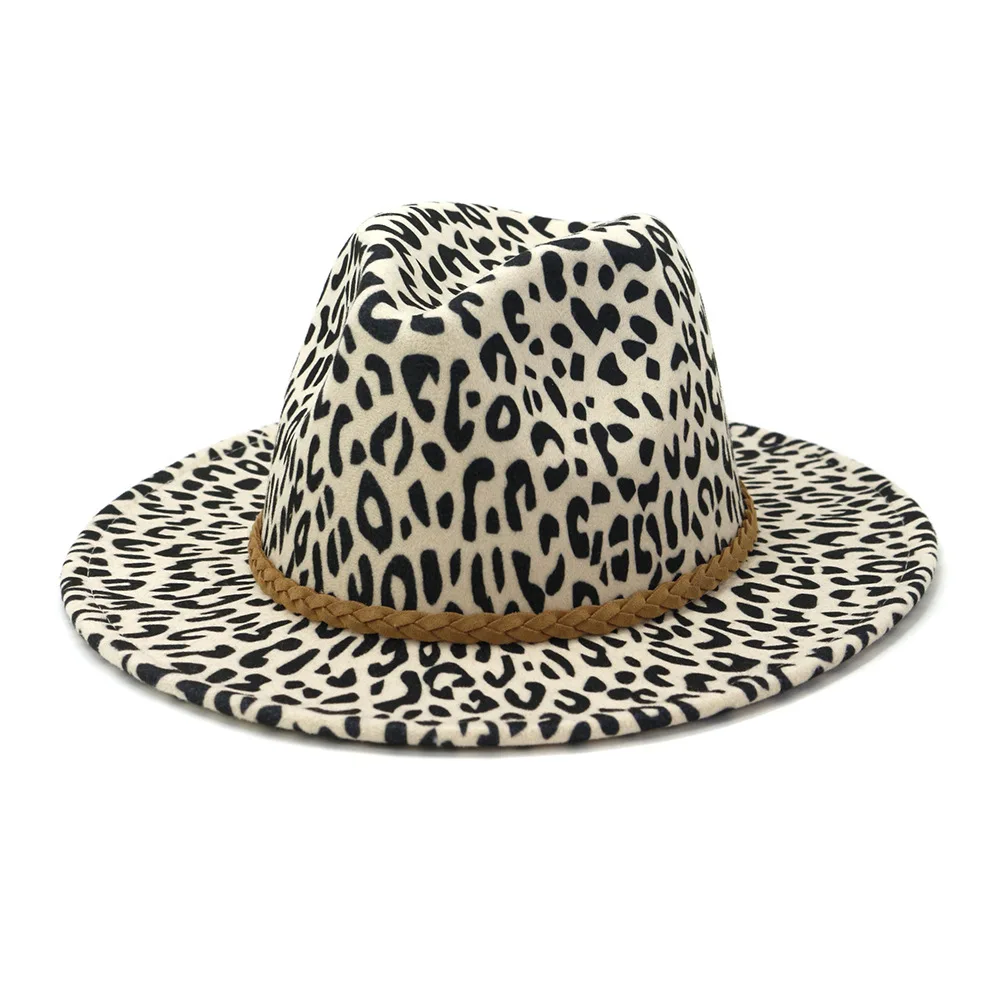 

ZLD Winter new men jazz hat retro popular flat brim ladies big brim cap leopard Fedoras hat couple hat Casual women caps