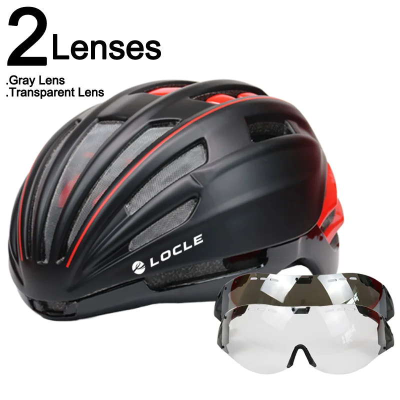 LOCLE Goggles велосипедный шлем двухслойный дорожный горный велосипедный шлем с линзой ультралегкий Casco Ciclismo велосипедный шлем 55-61 см - Цвет: Black Red 2 Lenses