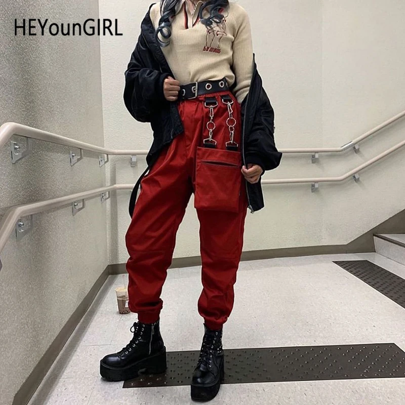 HEYounGIRL карманы хип хоп брюки Харадзюку Капри красные черные повседневные с