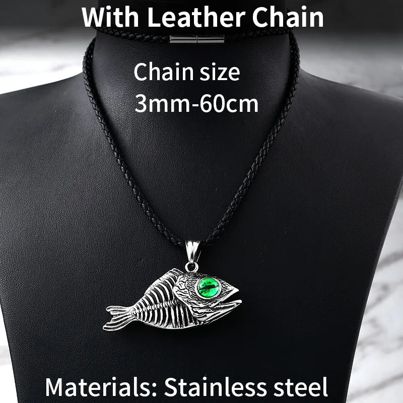 with leather chain Стальной солдат Рыбная кость с зеленым глазом шейный популярный кулон из нержавеющей стали мужские уникальные ювелирные изделия - Окраска металла: with leather chain