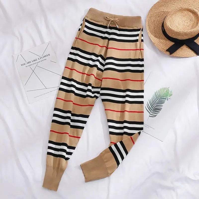 

British Khaki Harlem pants women's stripe knitting casual high waisted Capris loose Sports
