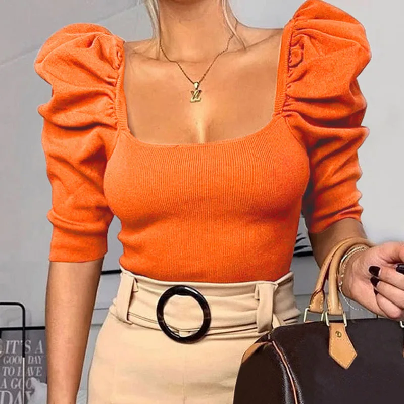 

Vintage Women Puff Sleeve Top Girls Square Neck Short Slim Crop T-shirts Summer Solid Half Sleeve T-shirt Tops Streetwear