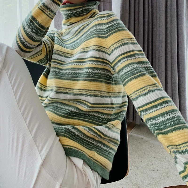 ATTYYWS New high collar ladies100% cashmere sweater long sleeve striped knit pullover soft warm fashion trend winter | Женская одежда