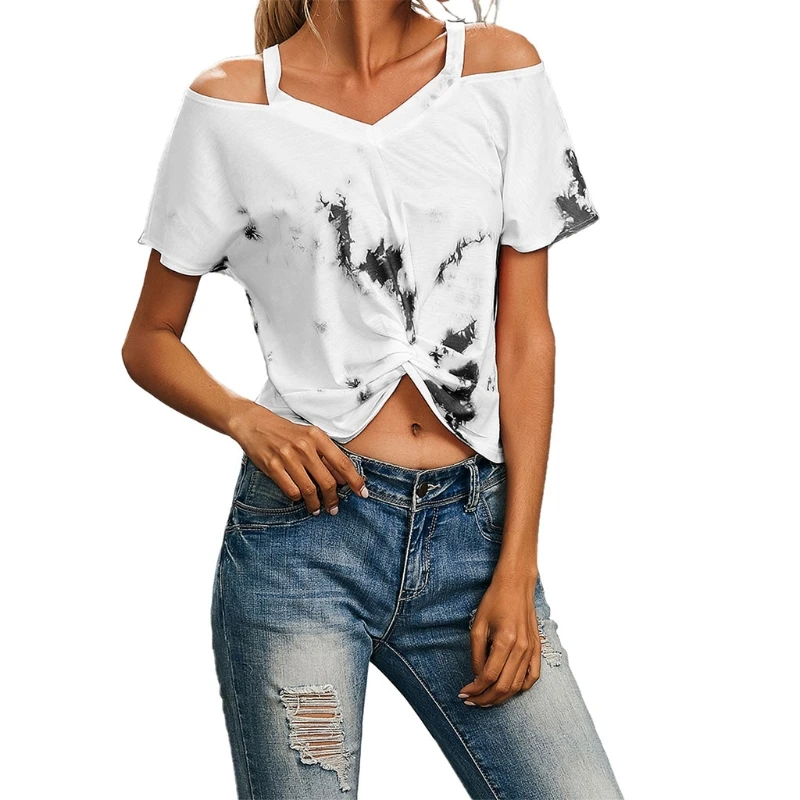 

Женские Летние повседневные футболки с коротким рукавом, футболка с открытыми плечами и ремешками, топы свободного кроя с принтом, пуловер