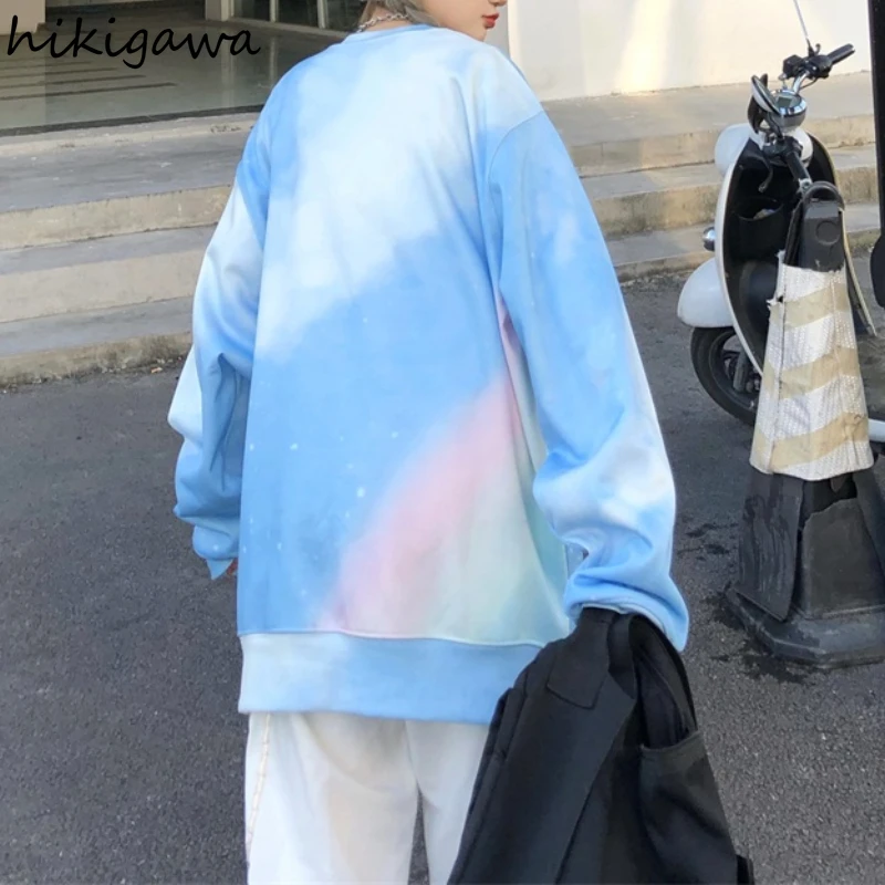 

Hikigawa Casual Harajuku Women Hoodies Rainbow Sweatshirts for Female Oversized Men Pullovers 2021 Spring Tops Fashion Hoodie