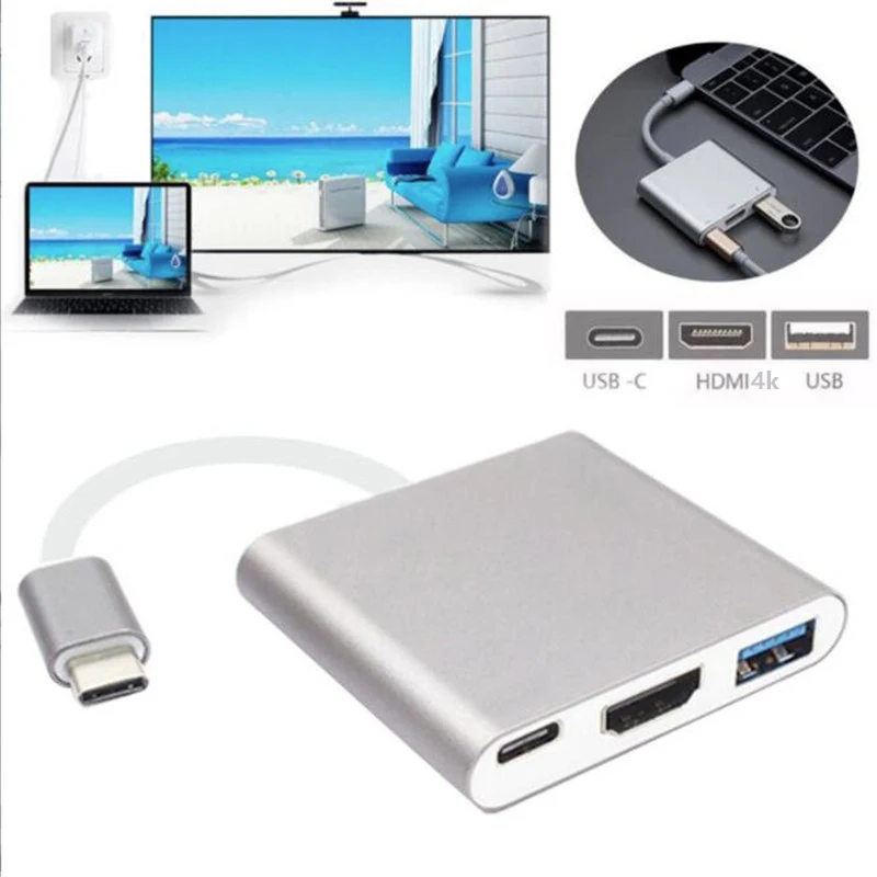 

200 шт., горячая Распродажа, Новое поступление, адаптер 3 в 1 USB 3.1 Type C на Hdmi + USB 3,0 + Type C Hub HDMI-совместимый с 4K поддержкой MacBook