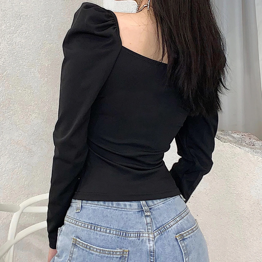 

Fashion Autumn Women's Slim French retro V-neck Solid Color low-cut waist long-sleeved Elegant shirt pink white black