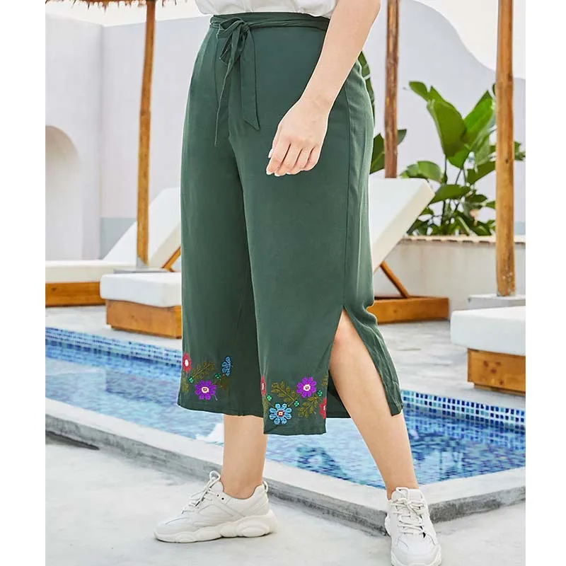 Брюки WHZHM женские с широкими штанинами зеленые свободные повседневные поясом