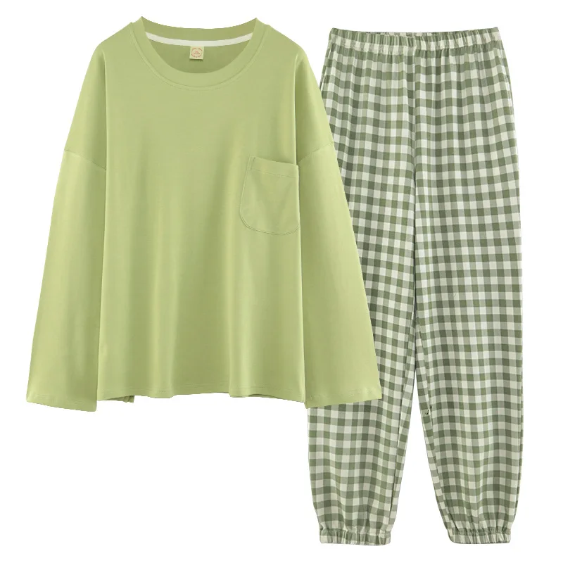 

New Women's Pajamas Suit Pijama Satin Cute Casual Loose Solid Color Sleepwear Long-sleeved Plaid Pants with Cotton Home Clothes