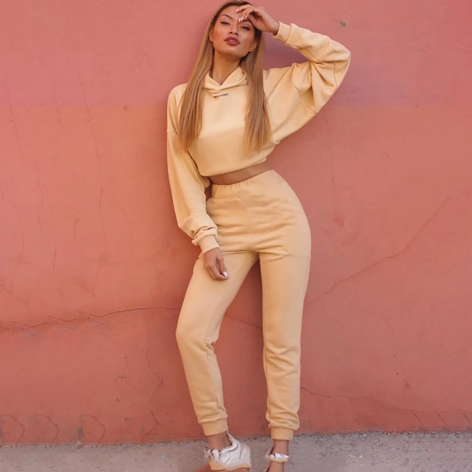 

Fashion Women's sportswear Casual Solid Color Long Sleeved Short Hoodie Trousers Sports Suit Winter grils Ladies tracksuit new