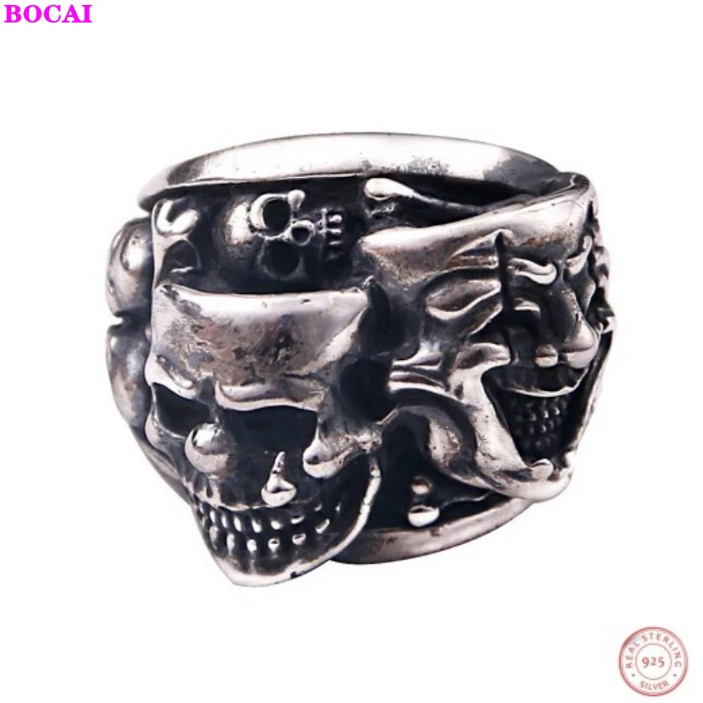 

S925 Sterling Silver Men's Double Skull Ring Thai Silver Rings Retro Personality Ghost Face Skull Pure Silver Ring For Men