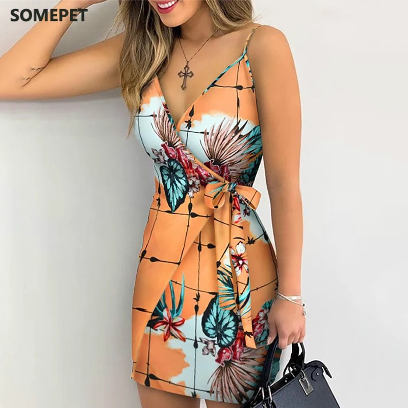 

Summer Women Holiday Floral Leaves Print Bodycon V-neck Mini Dress Female Spaghetti Strap Bohemian Beachwear Bow Belt