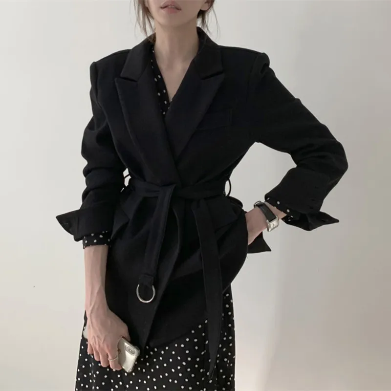

OL Notched Solid Lace-up Blazer Coat Female 2021 New Autumn Winter Elegant Formal Women Blazers Suit Jacket Woman Clothes