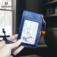 handmade genuine leather id holders case business badge card slot with necklace lanyard school office cards coin purse