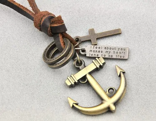 Модное винтажное ожерелье для мужчин и женщин с подвеской крест якорь кожаный