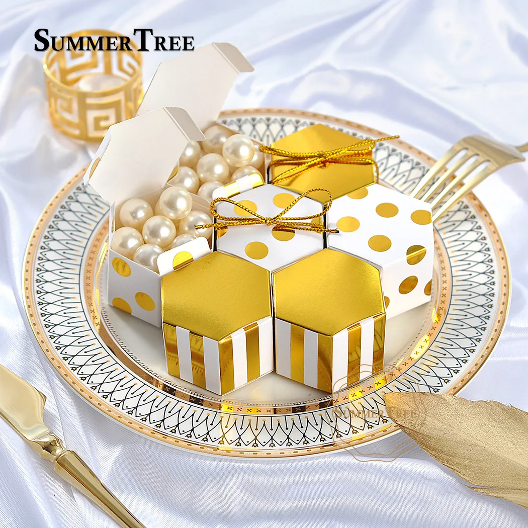 10 шт. в полоску золотой бронзированный цвет шестиугольник Свадебная коробка для