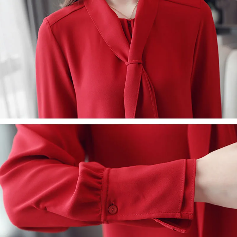 Женская блузка, офисный Топ с длинным рукавом, шифоновая блузка, blusas femininas elegante, с бантом, однотонная, с v-образным вырезом, красная одежда, женские топы 0412
