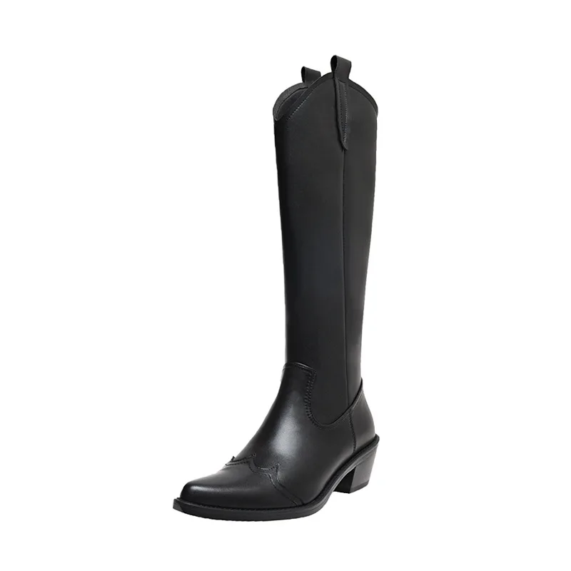 

New Autumn Winter Western Leather Boots Mid-calf Thick Heel Side Zipper Boots Sleeve Retro Knight Boots Wild Pointed High Boots