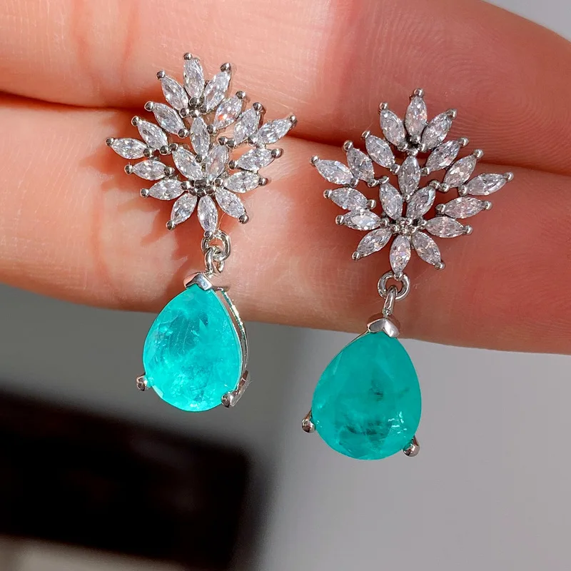 

Shipei 925 Sterling Silver Water Drop Paraiba Tourmaline Created Moissanite Earrings/Pendant/Necklace Fine Jewelry Jewelry Sets