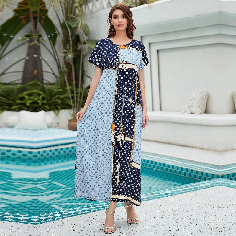 Muslim Women's Eid Dubai Turkey Female Robe Islamic Clothing Arab Long Dress Fashion Elegant Summer Gown Short Sleeve Wholesale