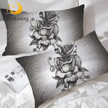 BlessLiving Butterfly Pillow Case Pale Grey Skull Pillowcase Retro Rose Pillow Protector Romantic Dark Pillow Cover 50x75cm 2pcs 1