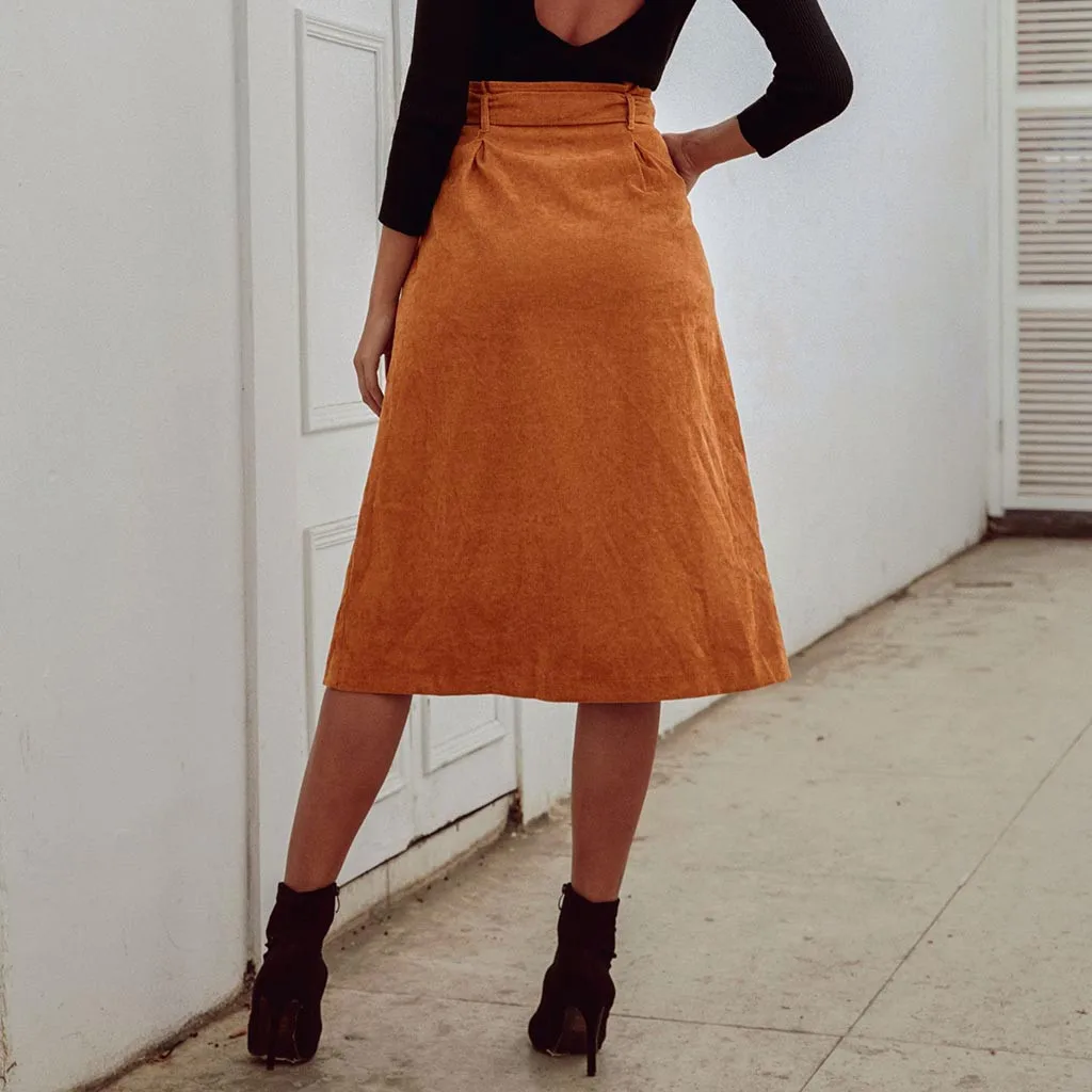 Женская Вельветовая юбка до колена с высокой талией и бантом однобортная
