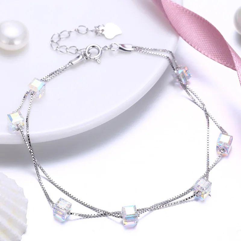 Sugar Cube Crystal Double Layer Bracelets Real 925 Sterling Silver Charm Fine Jewelry Romantic Accessories | Украшения и