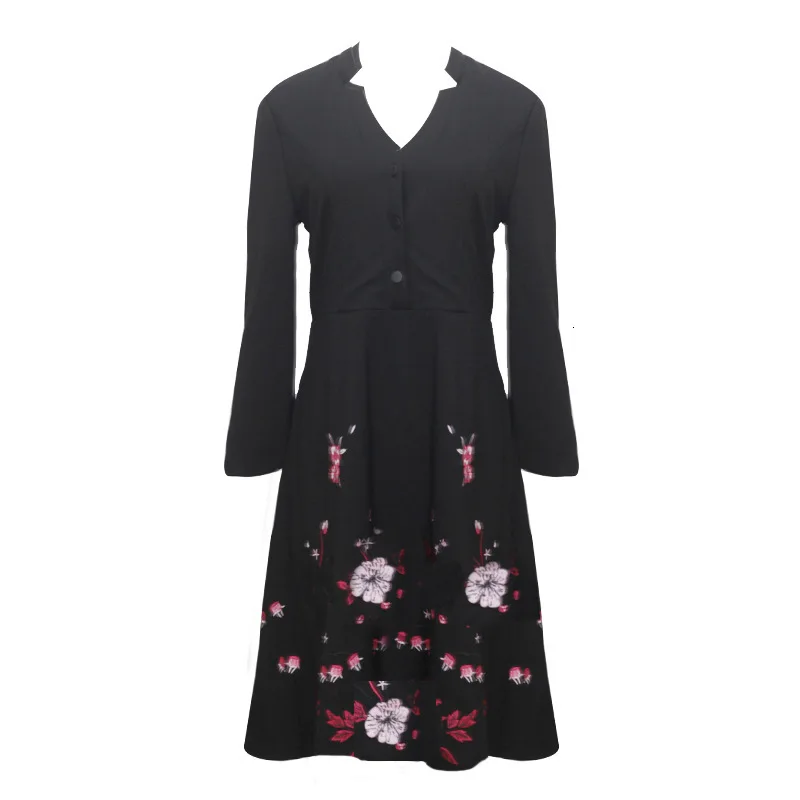 

Black Fit And Flare Elegant Dress Women Floral Embroidery Wrist Sleeve A Line Dresses Autumn V Neck 4XL 5XL Plus Size Midi Dress