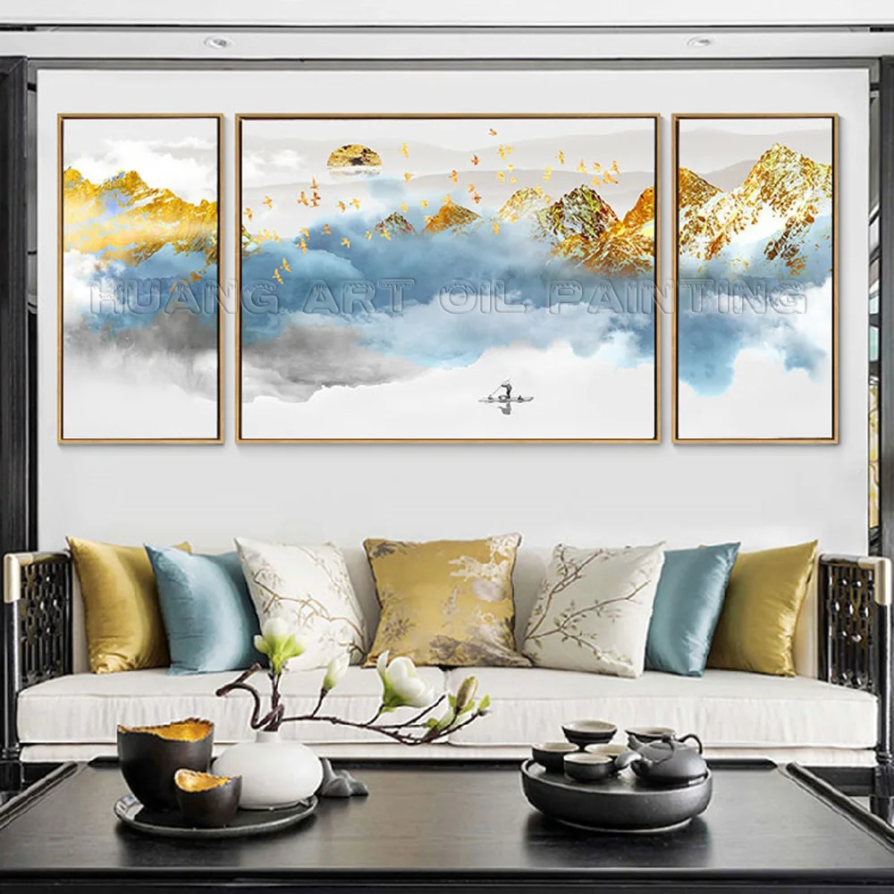 Pop Art Rich Scenery 100% Hand-Painted Chinese Ink Painting on Canvas Blue Sea of Clouds and Golden Mountain Landscape | Дом и сад