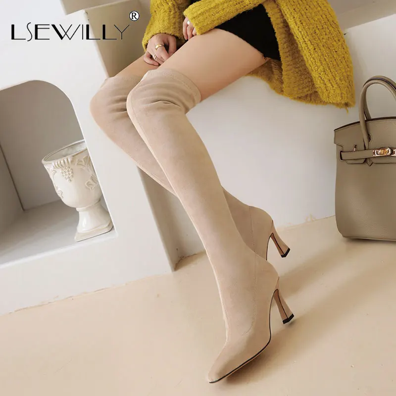 

Lsewilly Sexy Suede Stretch Thigh High Boots Women Square Toe Party Dress Lady Shoes Over The Knee Boots Autumn Winter
