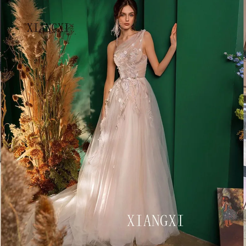 

2020 Youthful Evening Dresses Long A-Line One Shoulder Court Train Floor Length Formal Party Gowns vestidos de festa
