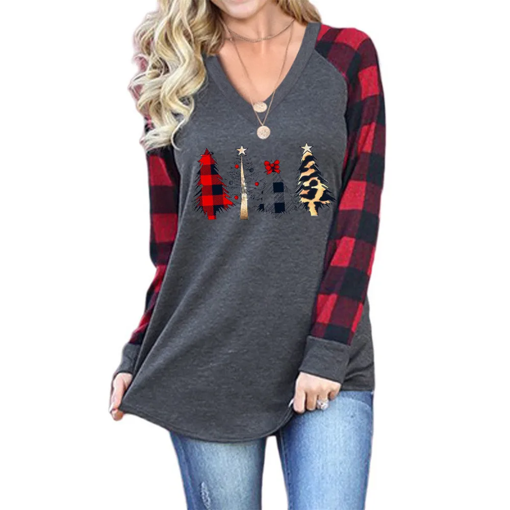 

Women V-Neck Merry Christmas T Shirt Cute Christmas Trees Print Plaid Raglan Long Sleeve Leopard Tees Casual Female Clothes