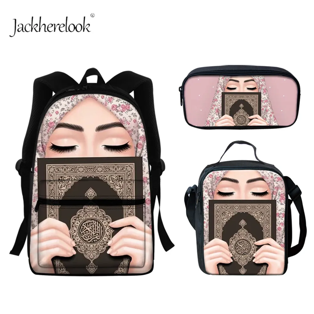 

jackherelook Hijab Face Muslim Islamic Gril Eyes Design Elegant Girls Shoulders Bags Set Student Backpack Teenagers School Bags