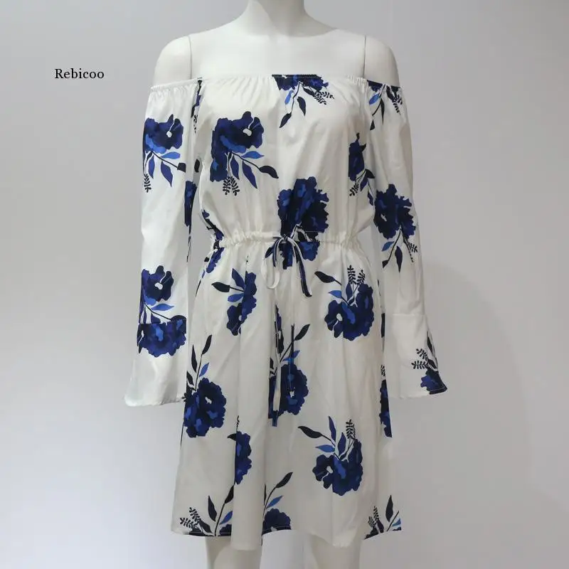 

Summer Women's Floral Dress Sexy Off-The-Shoulder Torticollis Beach Dress Casual Flared Sleeve Women's Dress