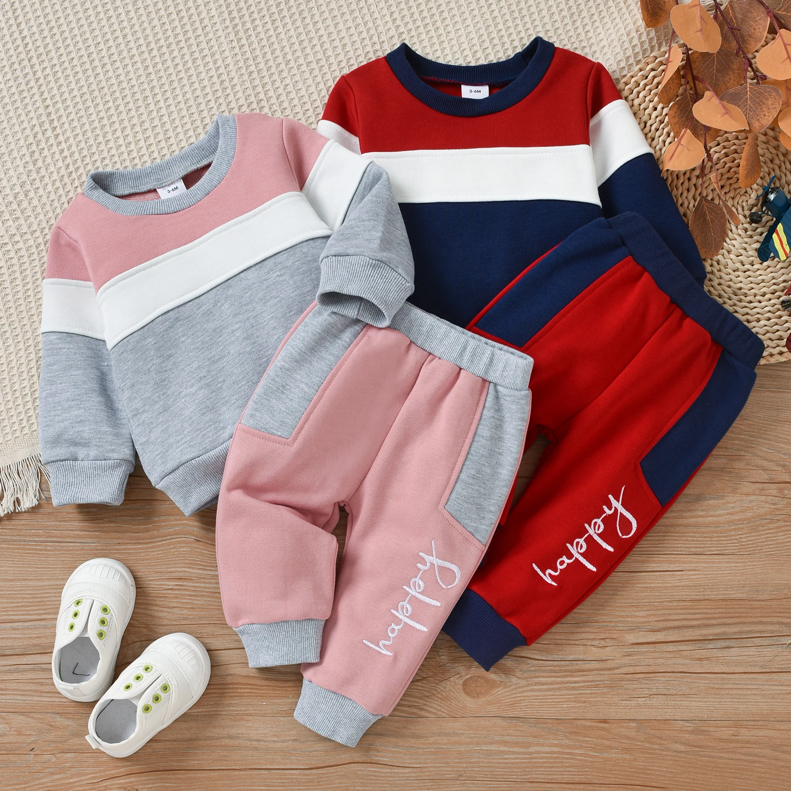 

Newborn Infant Baby Boy Girl Autumn Winter Casual Outfits Contrast Color Round Neck Long Sleeve Sweatshirt Long Pant 3-24 Months