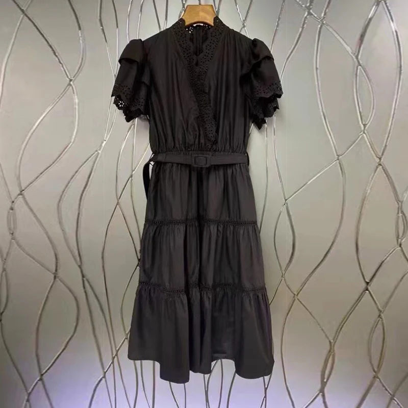 

VGH White Elegant Patchwork Ruffle Dress For Women V Neck Short Sleeve Elastic High Waist Casual Midi Dresses Female 2021 Summer