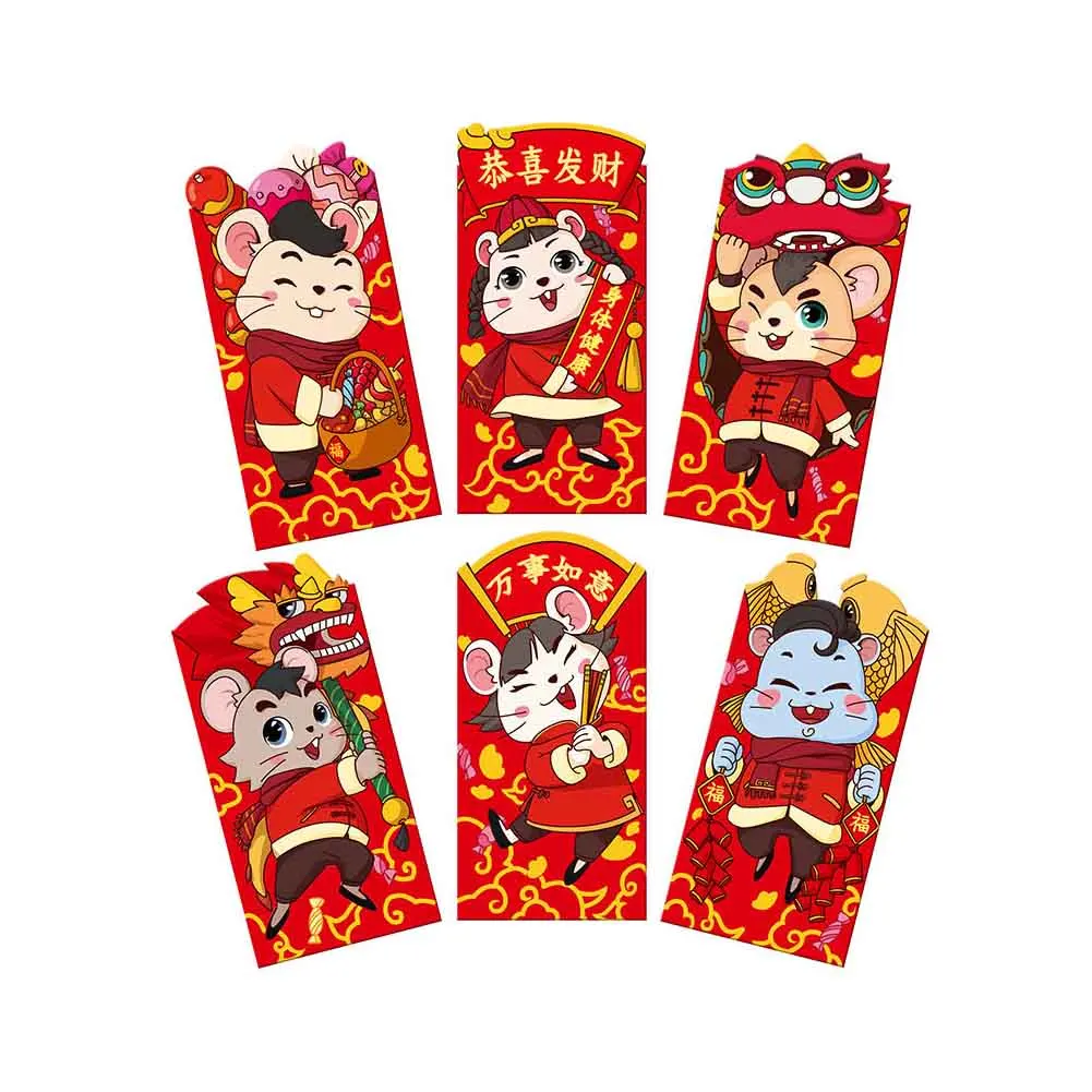 6 шт./компл. традиционный Lucky Hong Bao Бумага красные свадебные конверты Весенний фестиваль китайский год милый подарок крыса пакет