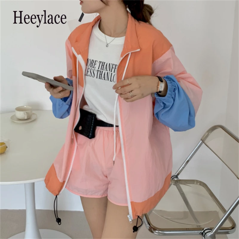 

2021 Tracksuit Sports Summer Color-Hit Sunscreen Oversize Coats+ New Loose Casual Elastic Shorts Simple Women Two Piece Sets